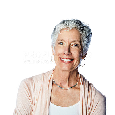Buy stock photo Happy, beautiful and portrait of a senior woman with a smile isolated on a white background in studio. Content, cheerful and confident face of elderly model in retirement with happiness on a backdrop