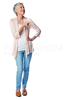 Buy stock photo Senior woman, happy vision and pointing finger standing full body isolated in white background. Elderly female, smile and happiness suggestion, point finger and advertising or marketing studio mockup