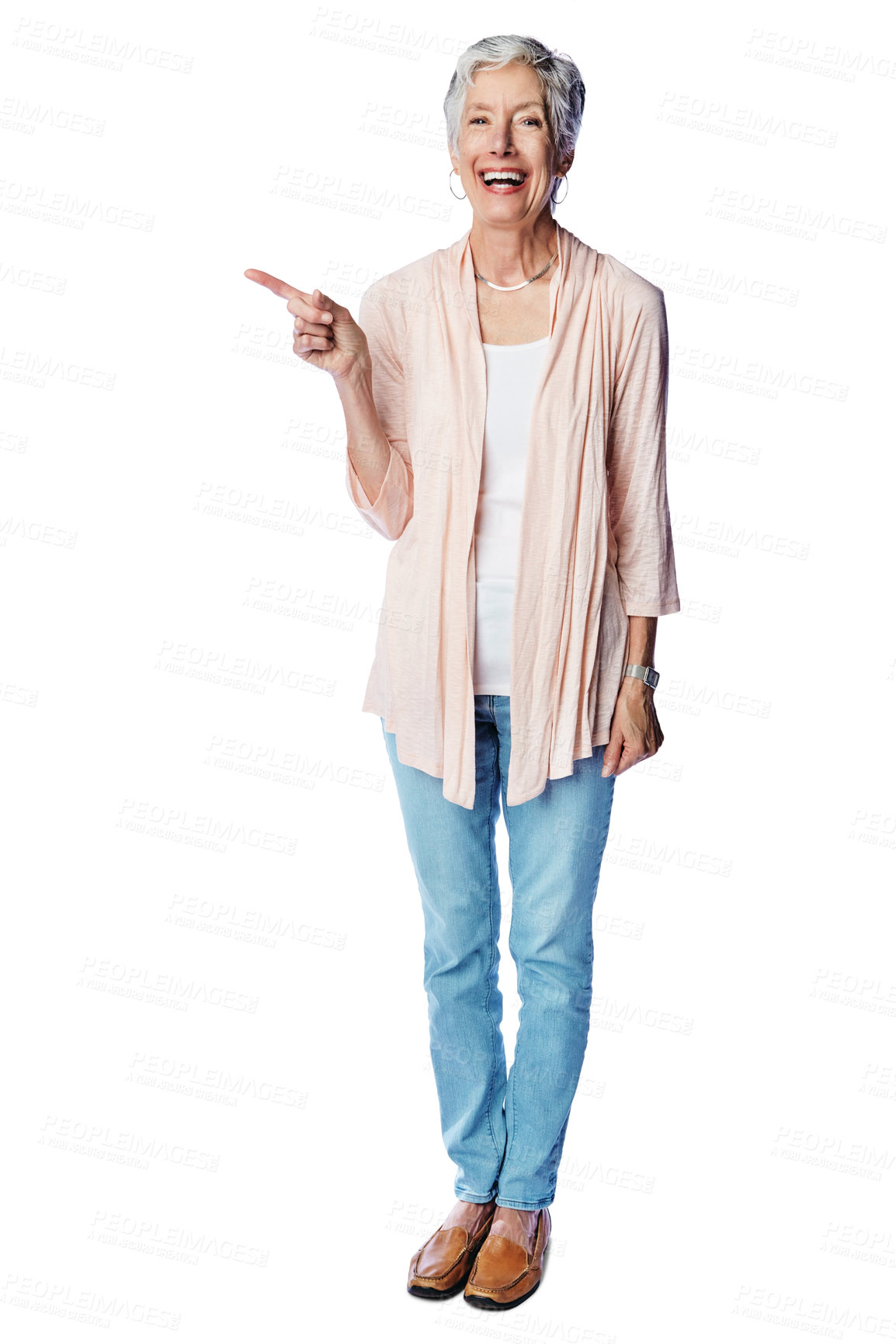 Buy stock photo Mock up portrait, laugh and old woman point at sales promo, luxury present gift or discount deal mockup. Studio advertising space, marketing product placement and model isolated on white background