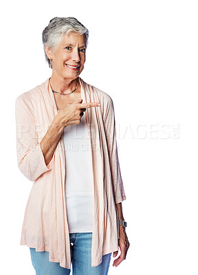 Buy stock photo Mock up portrait, elderly and old woman point at sales promo, luxury present gift or discount deal mockup. Studio advertising space, marketing product placement and model isolated on white background