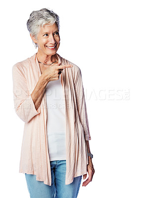 Buy stock photo Studio mock up, senior and old woman point at sales promo, luxury present gift or discount deal mock up. advertising space, marketing product placement and happy model isolated on white background