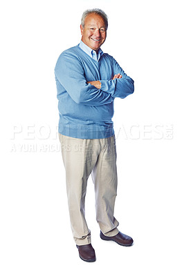 Buy stock photo Senior man, happy in portrait and retirement, life insurance and arms crossed, mockup isolated on white background. Pensioner, old man smile and positive mindset with vitality, elderly and wellness