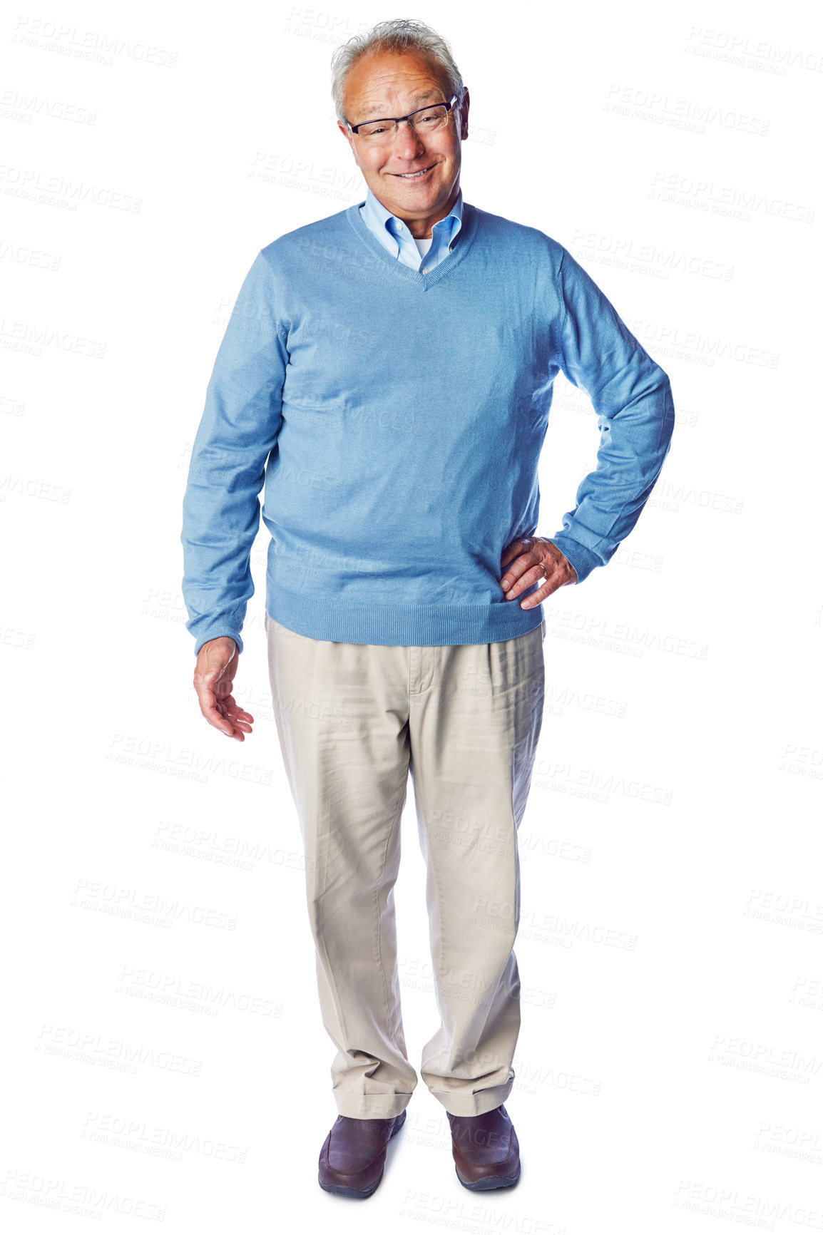 Buy stock photo Old with man, smile in portrait and retirement, life insurance and glasses with mockup isolated on white background. Pensioner, happy old man and positive mindset with vitality, elderly and wellness