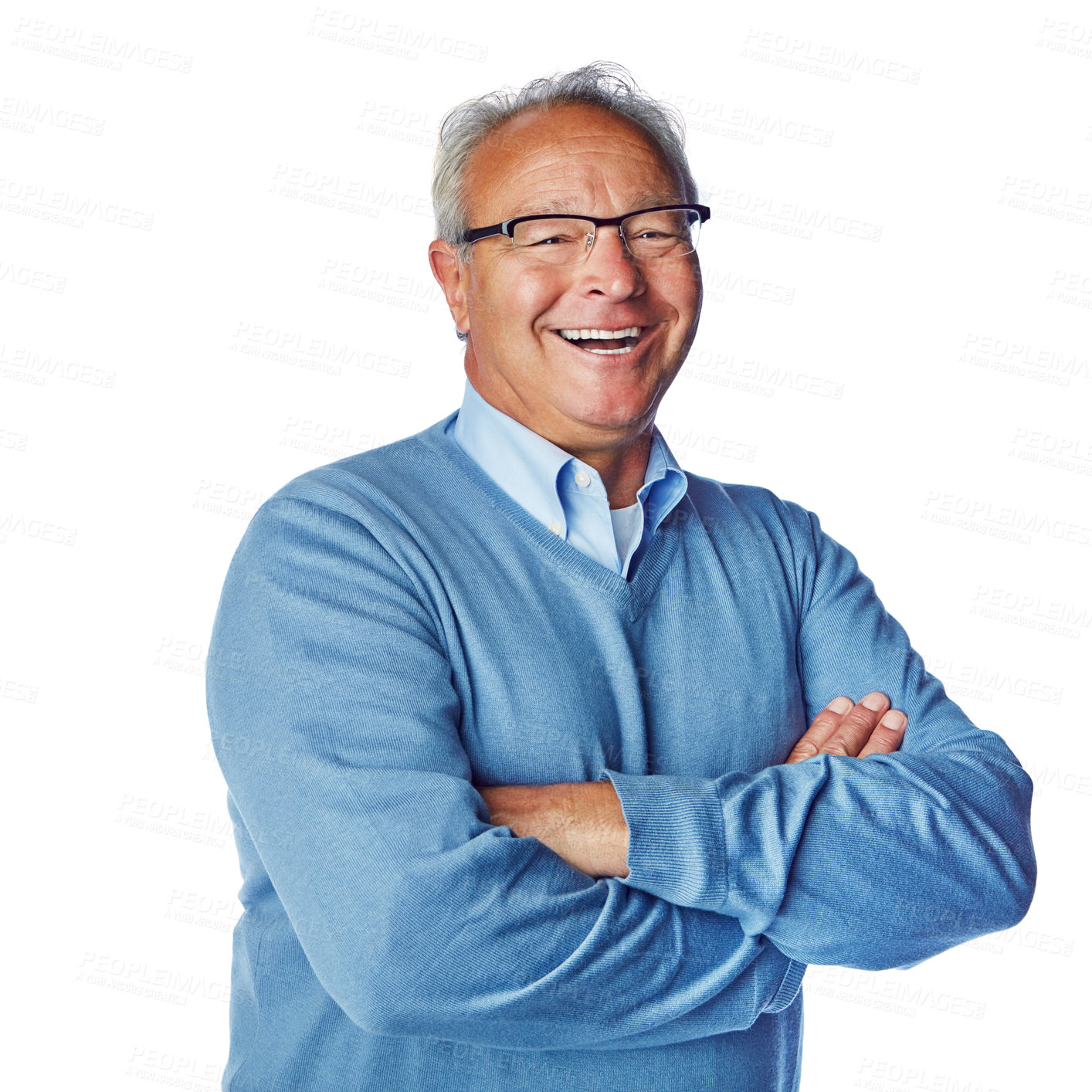 Buy stock photo Portrait, happy and senior man laughing in studio, relax and proud against white background. Face, smile and retired male having fun, cheerful and funny while posing, excited and content or isolated