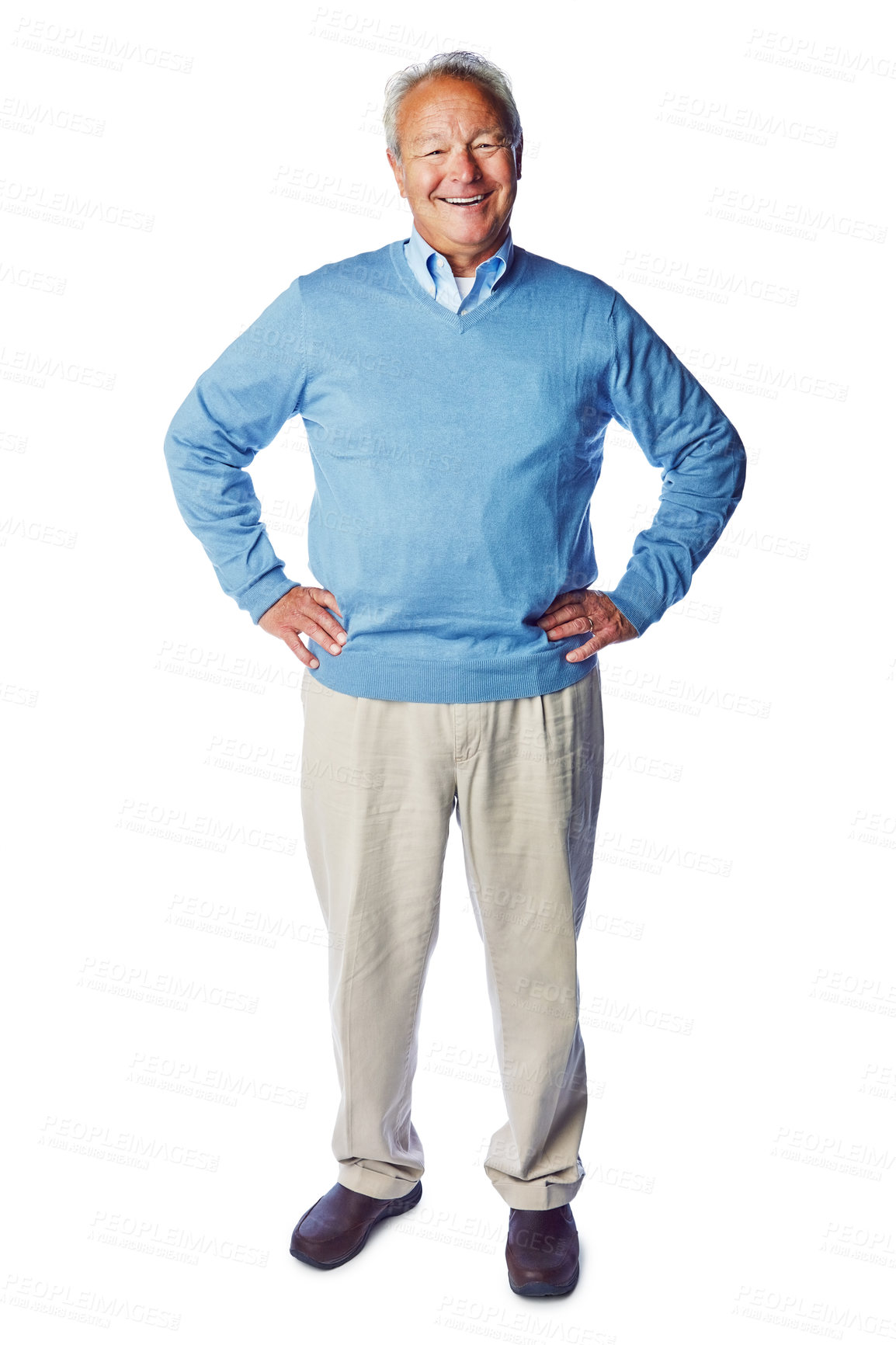 Buy stock photo Happy senior man, smile in portrait with retirement, life insurance with mockup isolated on white background. Pensioner, happiness with old man and positive mindset, vitality and elderly wellness