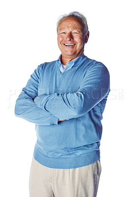 Buy stock photo Happy, smile and portrait of senior man laughing in studio, relax and proud while standing on white background. Confident, chill and retirement by elderly male content, joy and satisfied or isolated