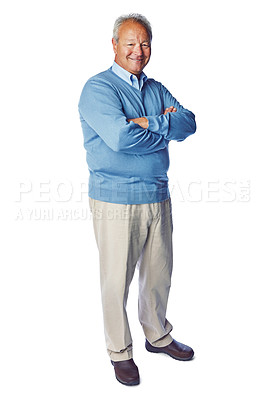 Buy stock photo Old man, smile with happiness in portrait and retirement, life insurance with mockup isolated on white background. Pensioner, senior man and positive mindset, arms crossed with vitality and wellness