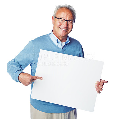 Buy stock photo Mockup portrait, placard or old man pointing at marketing poster, advertising banner or product placement. Studio mock up, billboard promotion sign or happy sales model isolated on white background
