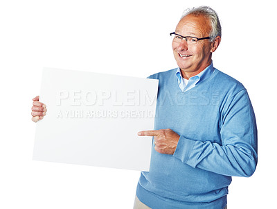 Buy stock photo Poster mockup, portrait or senior man point at marketing placard, advertising banner or product placement. Studio sales mock up, billboard promo sign or happy mature male isolated on white background