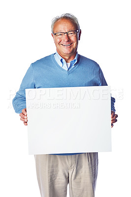 Buy stock photo Poster, portrait mockup and senior man with marketing placard, advertising banner or product placement. Studio mock up, billboard promotion sign and happy sales model isolated on white background