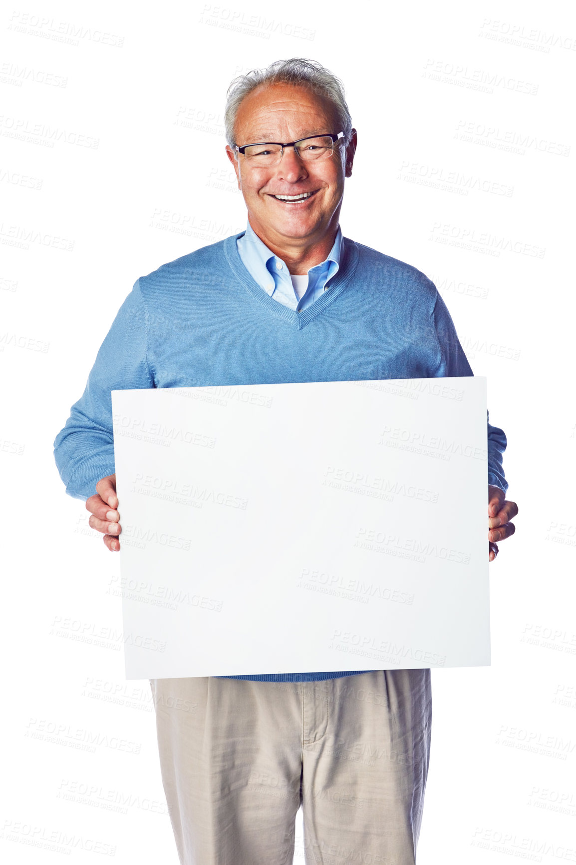 Buy stock photo Poster, portrait mockup and senior man with marketing placard, advertising banner or product placement. Studio mock up, billboard promotion sign and happy sales model isolated on white background