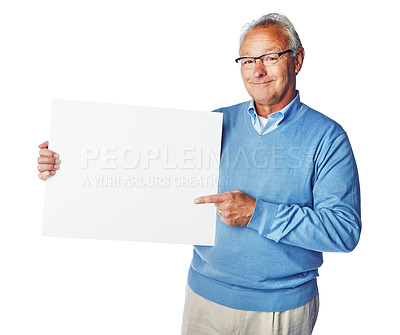 Buy stock photo Poster mockup, studio portrait or old man point at marketing placard, advertising banner or product placement. Mock up info, billboard promotion sign or happy sales model isolated on white background