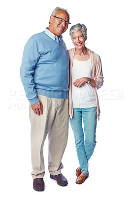Buy stock photo Senior couple, marriage and love, retirement together in portrait and commitment isolated on white background. Happy people in studio, trust and life partnership, relationship with old man and woman
