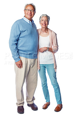 Buy stock photo Senior couple with marriage and retirement together in portrait, relationship commitment isolated on white background. Happiness, old people and life partnership with wellness for the elderly