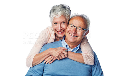Buy stock photo Love, senior and portrait of couple hug, smile and happy together against a studio white background. Relax, face and elderly man with woman embrace, holding and enjoy retirement, bond and isolated
