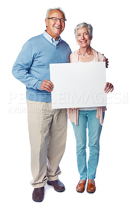 Buy stock photo Poster, portrait mockup and senior couple with marketing placard, advertising banner or product placement. Studio mock up, billboard promotion sign and happy sales people isolated on white background