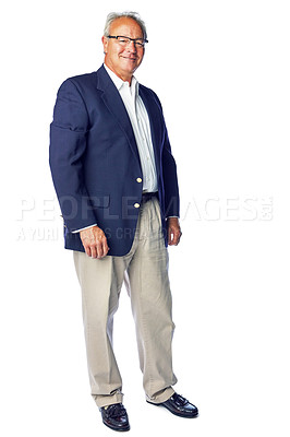 Buy stock photo Portrait, businessman and senior ceo with vision for mission, idea and goal on white background. Elderly, leader and man stand, thinking and proud of business success or startup, posing and isolated