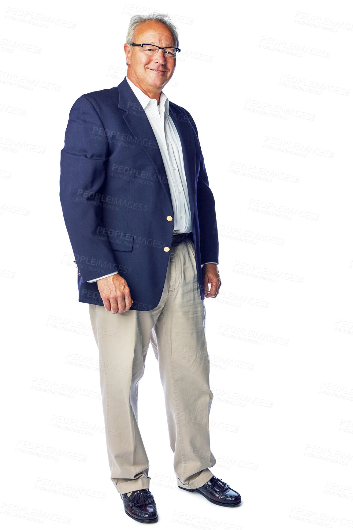 Buy stock photo Portrait, businessman and senior ceo with vision for mission, idea and goal on white background. Elderly, leader and man stand, thinking and proud of business success or startup, posing and isolated