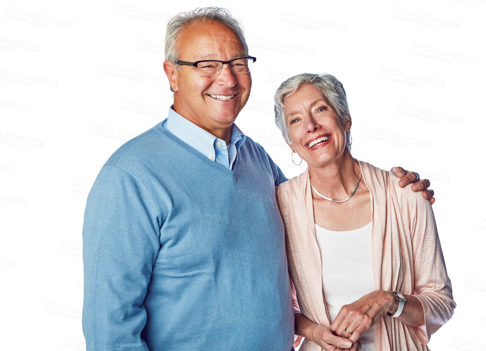Buy stock photo Senior couple, hug and retirement portrait in studio with happiness, love and support in happy marriage. A old man and woman together for commitment, care and trust isolated on a white background