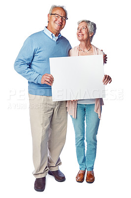 Buy stock photo Poster, portrait mock up and senior happy couple with marketing placard, advertising banner or product placement. Studio mockup, billboard promotion sign and sales people isolated on white background