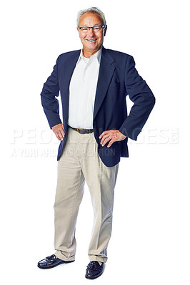 Buy stock photo Happy senior and businessman full body portrait with confident, proud and corporate pose. Mature, professional and elderly boss with smile standing at isolated studio white background.

