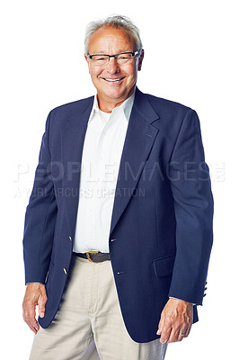 Buy stock photo Senior manager and portrait of happy businessman with confident, proud and joyful smile in isolated studio. Corporate, mature and worker man with confidence in career mindset on white background.