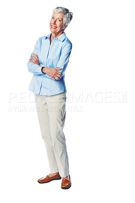 Buy stock photo Portrait, relax and senior woman in studio, smile and cheerful while posing on a white background. Elderly, model and lady enjoy retirement, proud and satisfied with retired lifestyle while isolated