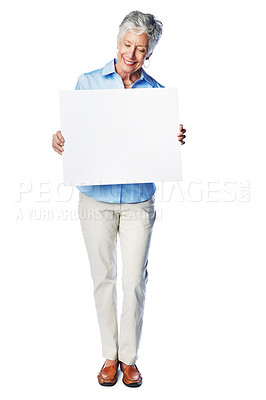 Buy stock photo Poster, mockup and happy senior woman with marketing placard, advertising news banner or product placement. Studio paper mock up, billboard promotion sign and sales model isolated on white background