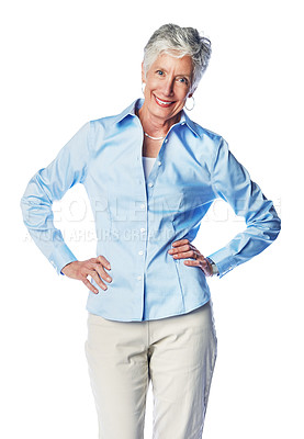Buy stock photo Portrait, smile and senior woman in studio, happy and relax against a white background. Elderly, real and lady enjoy retirement, proud and satisfied with retired lifestyle while standing isolated