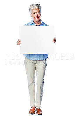 Buy stock photo Poster, portrait mockup and senior happy woman with marketing placard, advertising banner or product placement. Studio mock up, billboard promotion sign and sales model isolated on white background