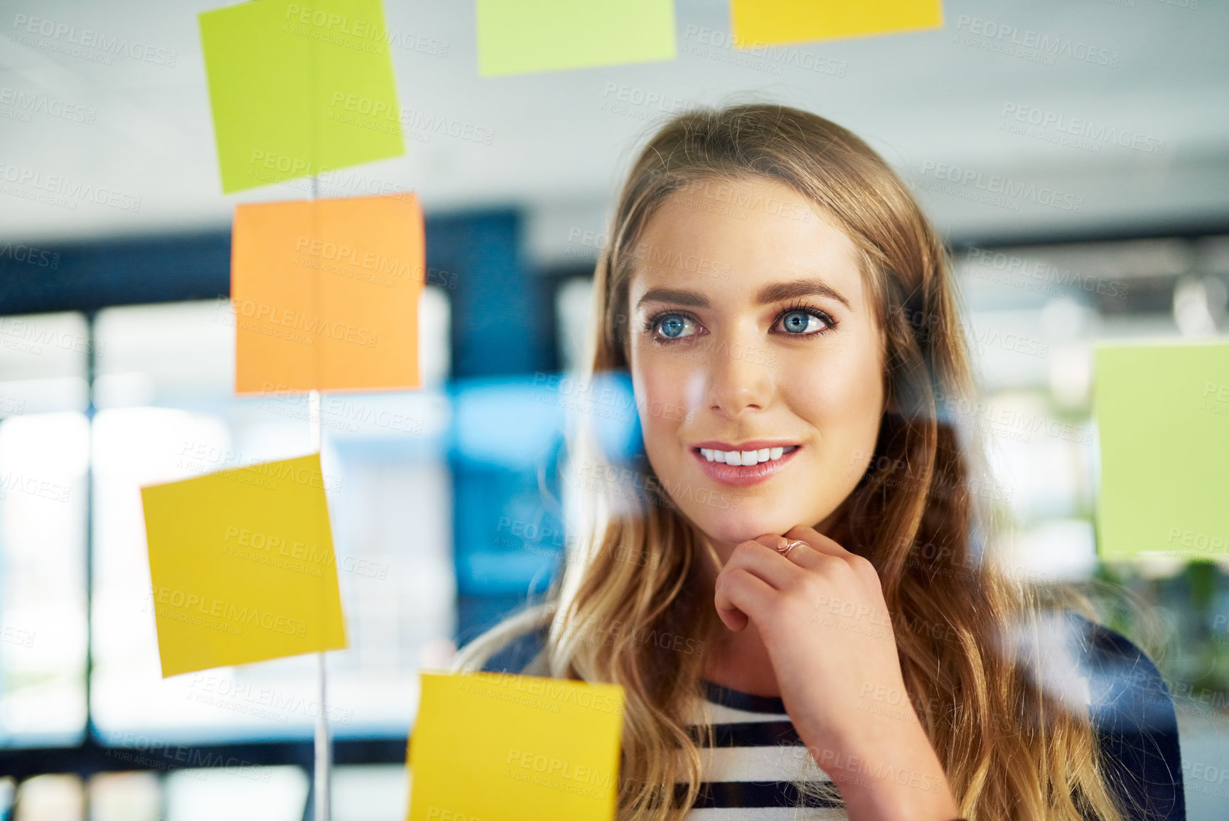 Buy stock photo Thinking, business and woman with notes on glass wall for planning, future ideas and creative schedule. Thoughts, girl and reading mind map with information, presentation agenda and project timeline