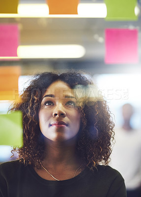 Buy stock photo Thinking, African and woman with notes on glass wall for planning, future ideas and creative schedule. Thoughts, girl and reading mind map with information, presentation agenda and project timeline