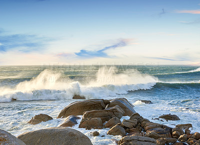 Buy stock photo Rocks, beach and sea waves for travel, holiday or vacation in nature with sky outdoor. Ocean water, stones and coast in horizon with land for tourism, adventure island and environment in Australia