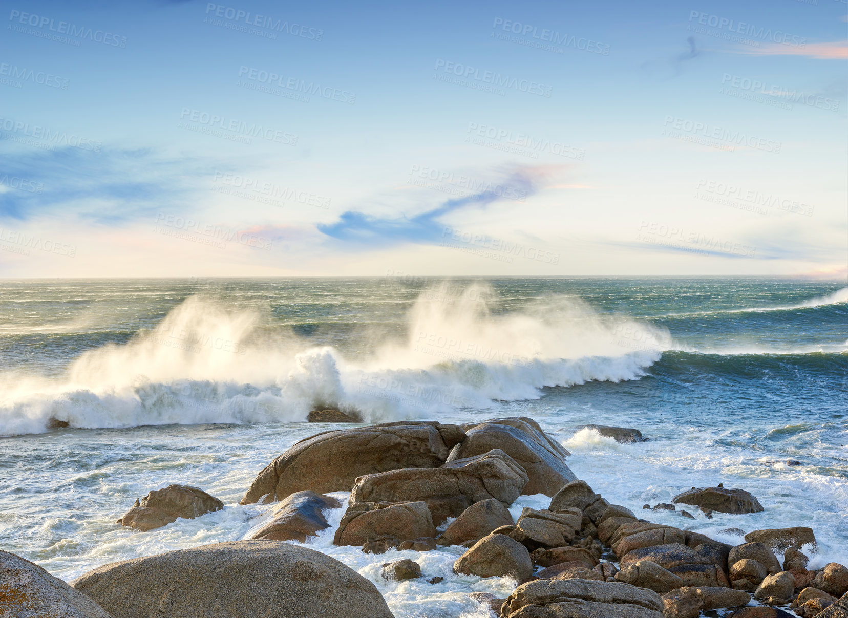 Buy stock photo Rocks, beach and sea waves for travel, holiday or vacation in nature with sky outdoor. Ocean water, stones and coast in horizon with land for tourism, adventure island and environment in Australia