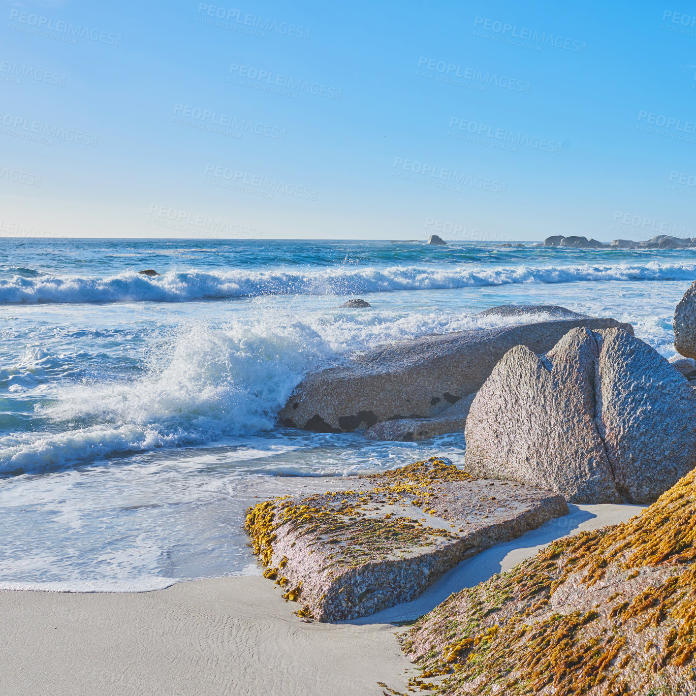 Buy stock photo Rocks, coast and beach with waves, vacation and Zanzibar with tourism, travel and blue sky. Empty, nature and outdoor with water, seaside and ocean with shoreline, summer holiday and tropical island