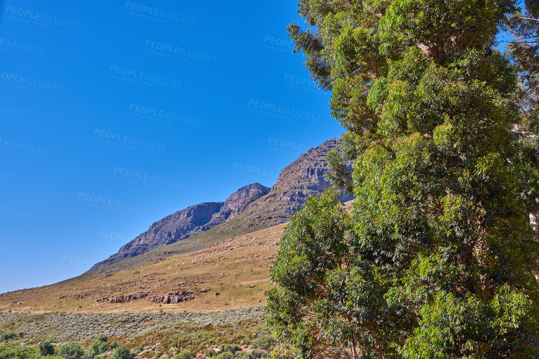 Buy stock photo Outdoor, nature and view of mountain countryside, holiday location and peace in sustainable landscape. Earth, tree and hills to explore on vacation, remote adventure and wild environment for travel