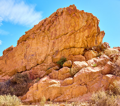 Buy stock photo Nature, desert and rock outcrop with formation, geology and location in environment, outdoor and summer. Countryside, stone and ecosystem with mountain, erosion or sunshine on rough terrain in Mexico