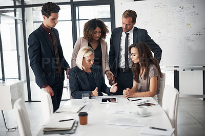 Buy stock photo Business people, meeting with tablet, coaching and planning ideas in collaboration on project proposal. Teamwork, strategy and training workshop, men and women with target management in modern office