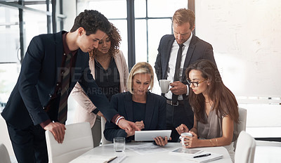Buy stock photo Ideas, business people and meeting with tablet, review of online contract or report in collaboration on project. Corporate team, strategy and workshop, men and women with target management in office.