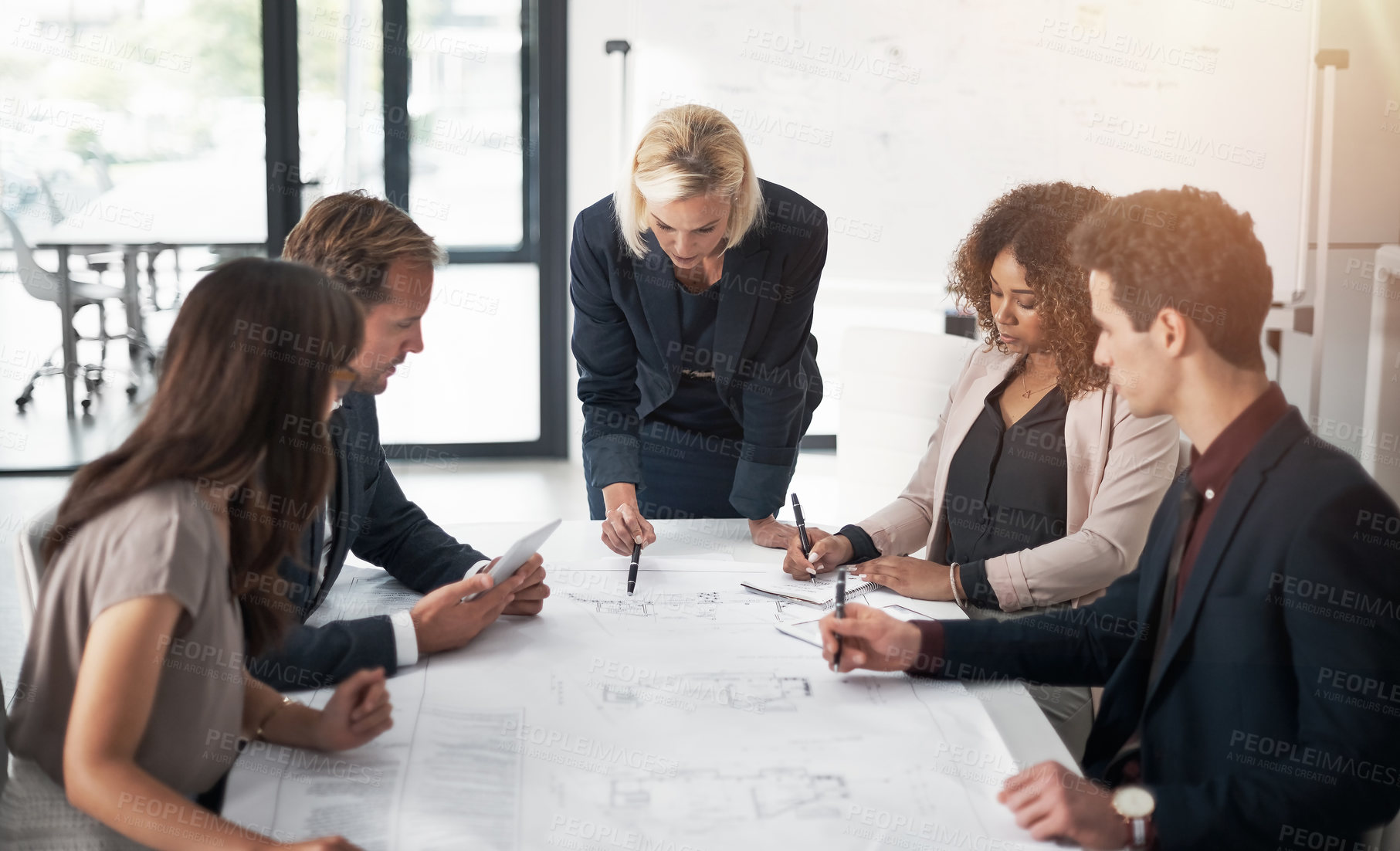 Buy stock photo Business people, architect and blueprint in meeting, planning or team brainstorming on table at office. Group of contract engineers in teamwork, floor plan or documents for industrial architecture