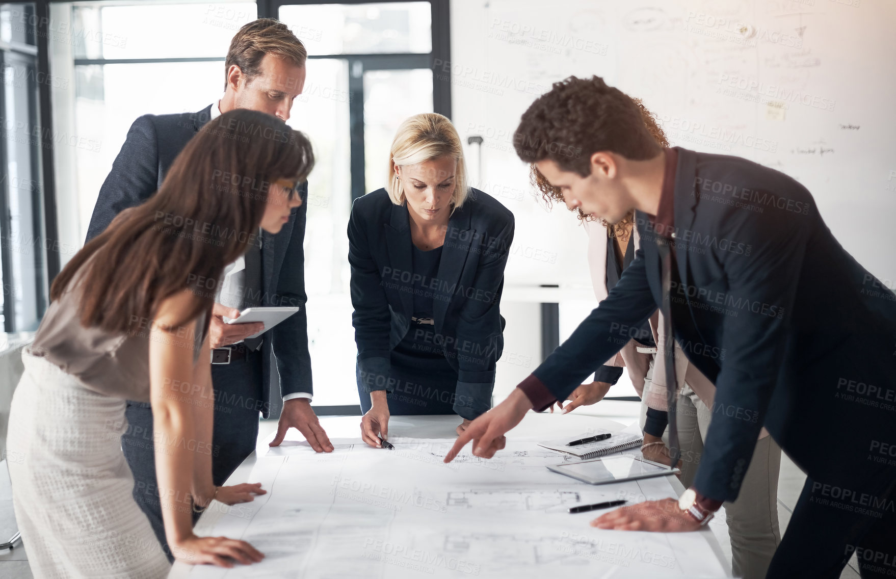 Buy stock photo Business people, architect and blueprint documents in meeting, collaboration and planning for strategy at office. Group of engineers in teamwork discussion or floor plan for industrial architecture