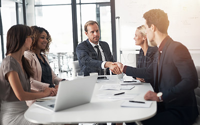 Buy stock photo Business people, handshake and meeting for hiring, partnership or agreement in team conference at office. Businessman shaking hands with employee for recruiting, b2b and corporate growth at workplace