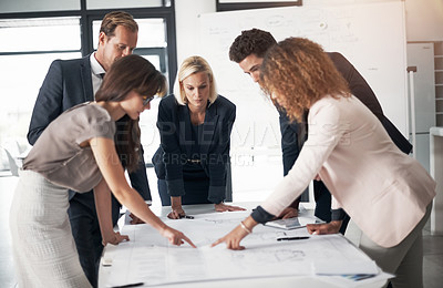Buy stock photo Business people, blueprint and meeting in collaboration for construction planning or strategy at office. Group of engineers in teamwork discussion, floor plan or documents for industrial architecture
