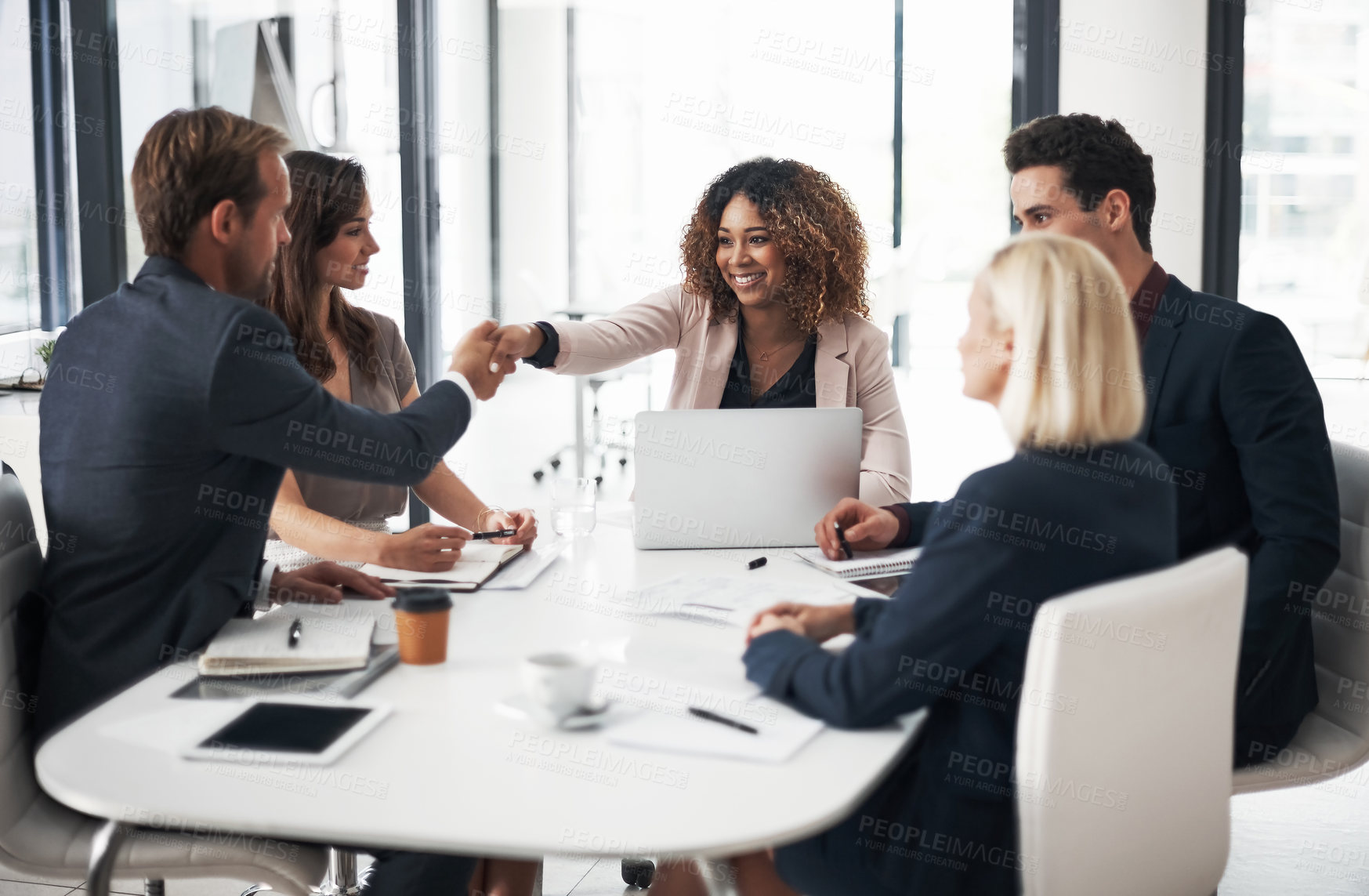 Buy stock photo Business people, handshake and meeting for teamwork, partnership or collaboration at office conference. Happy woman shaking hands with employee in team planning, agreement or deal at the workplace