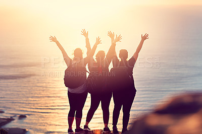Buy stock photo Shot of a group of friends on a mountain top
