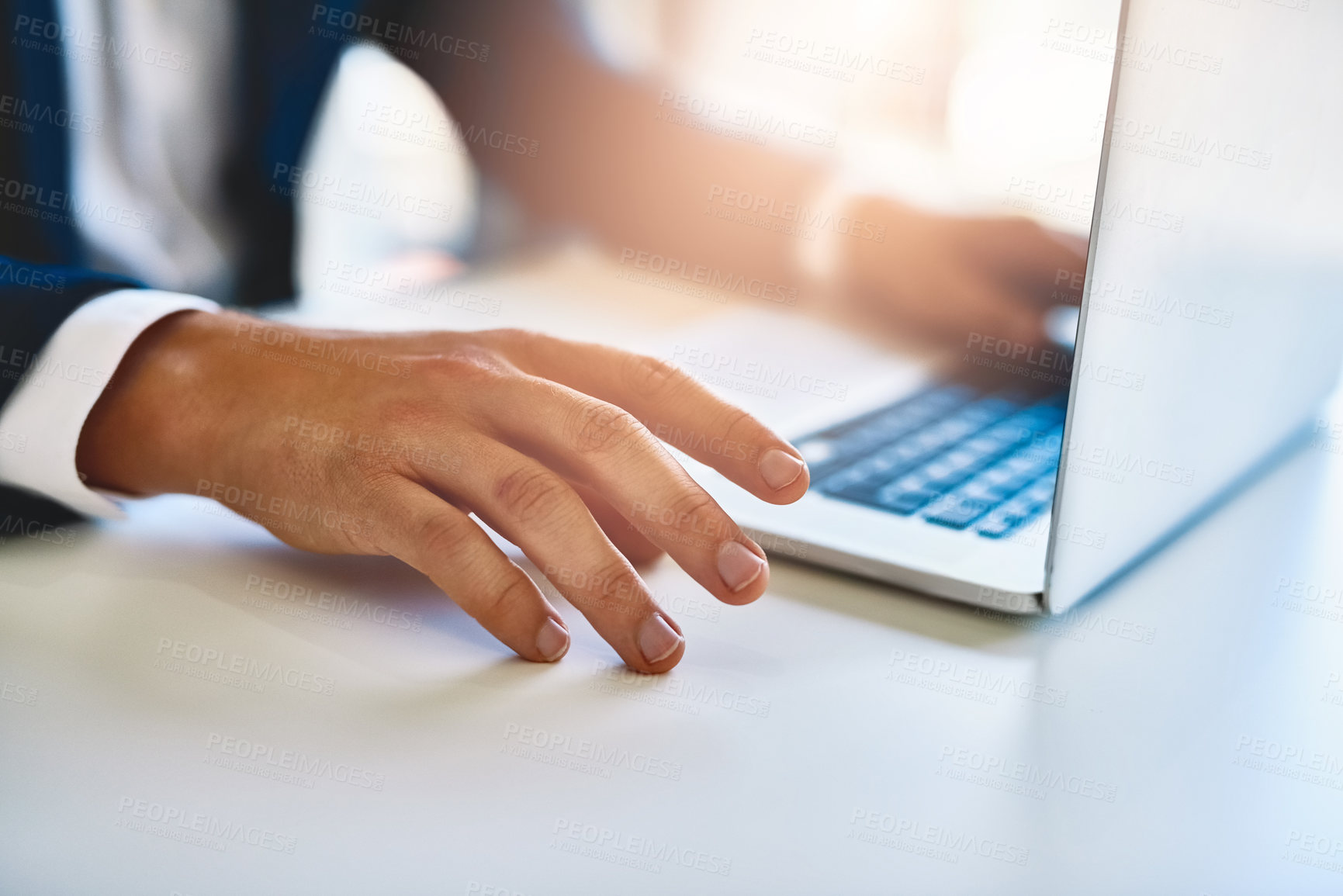 Buy stock photo Hand, laptop and business person at table in office for email, sales report and research online. Computer, keyboard and fingers closeup at desk for financial proposal, internet and planning project