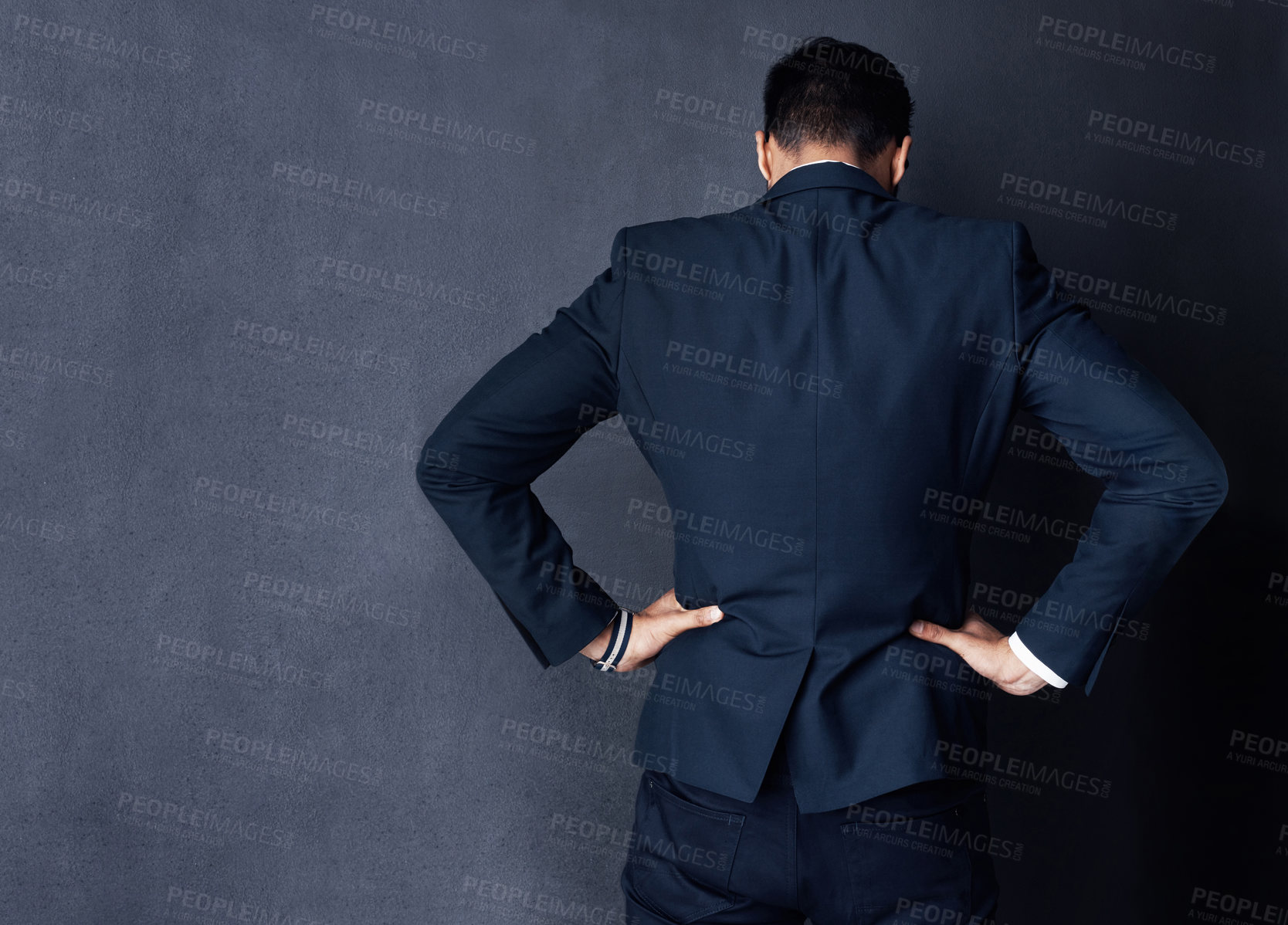 Buy stock photo Business man, back and sad in studio for stress, frustrated and mistake with reflection by dark background. Person, attorney and lawyer with anxiety, depression or mental health at corporate law firm