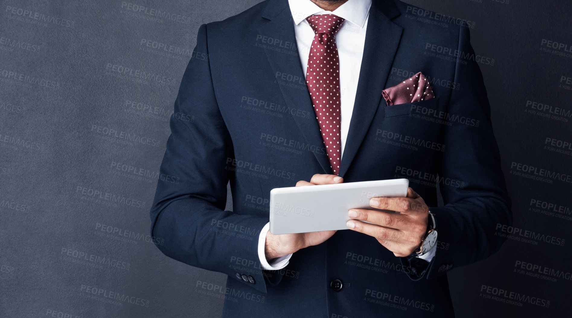 Buy stock photo Closeup, business man or tablet in studio on mockup space of trading, planning or research on stock market website. Corporate trader, businessman and suit with digital technology of online investment