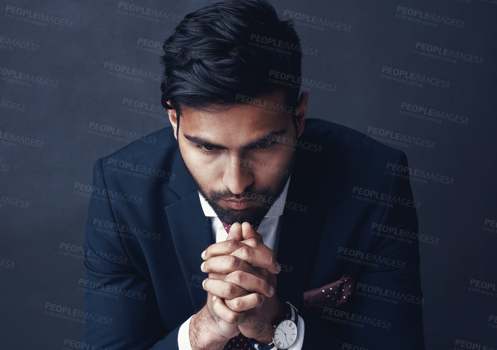Buy stock photo Entrepreneur, thinking or Indian man with stress, depression and challenge on a dark studio background. Male person, bankruptcy or agent confused, mistake or professional with worry, decision or fail