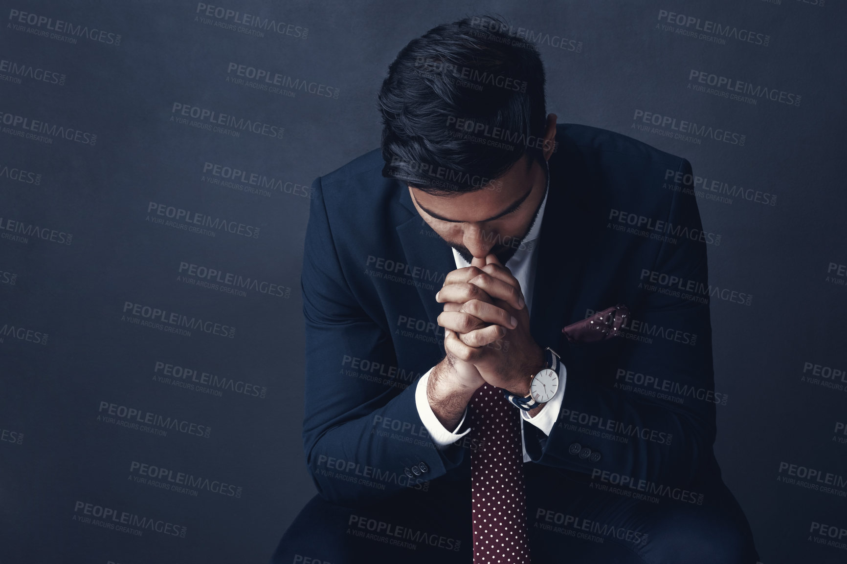 Buy stock photo Business man, stress and depression in studio with thinking, decision or sad by dark background. Person, investor and insight with anxiety for financial crisis, recession or debt with mental health